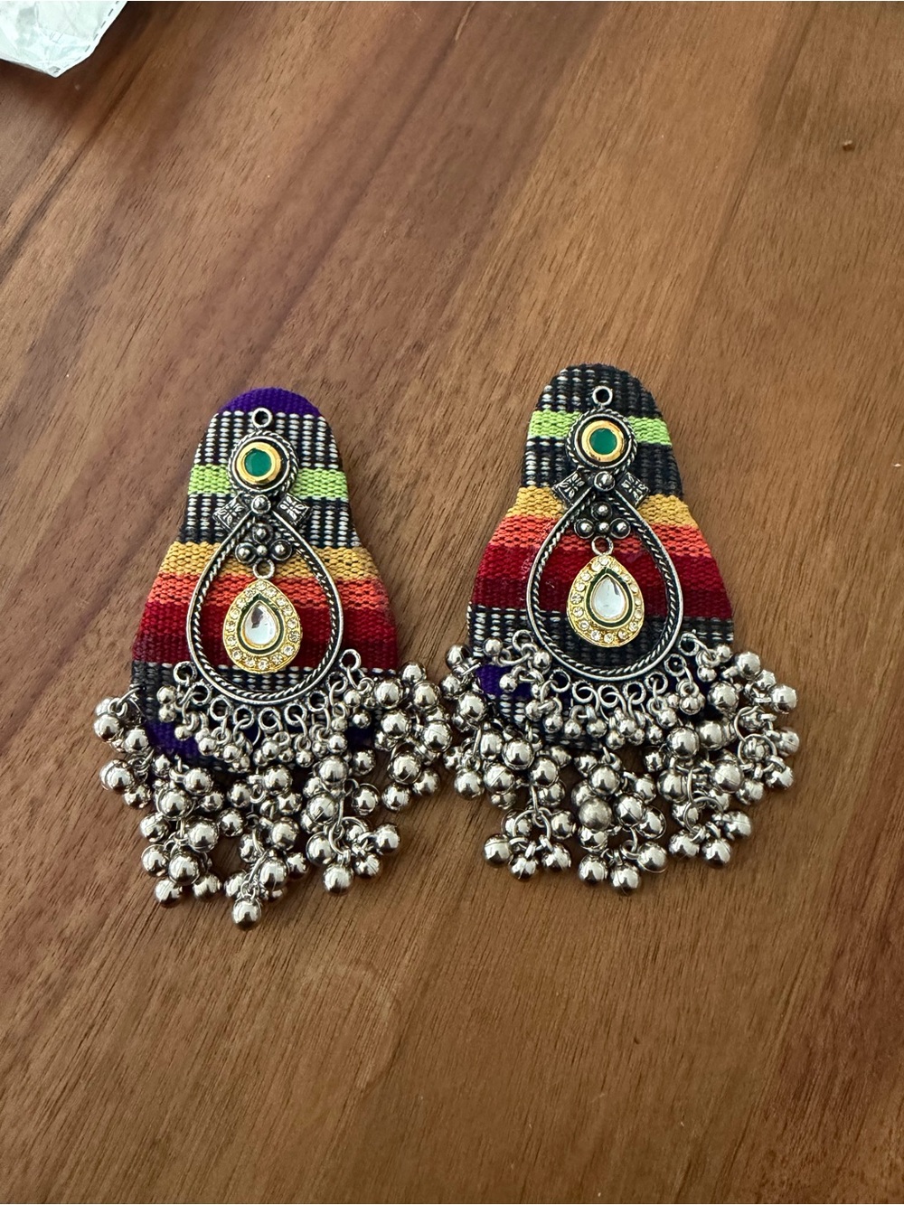 Colorful Multicolor Thread & Metal Jhumka Earrings with Silver Bells